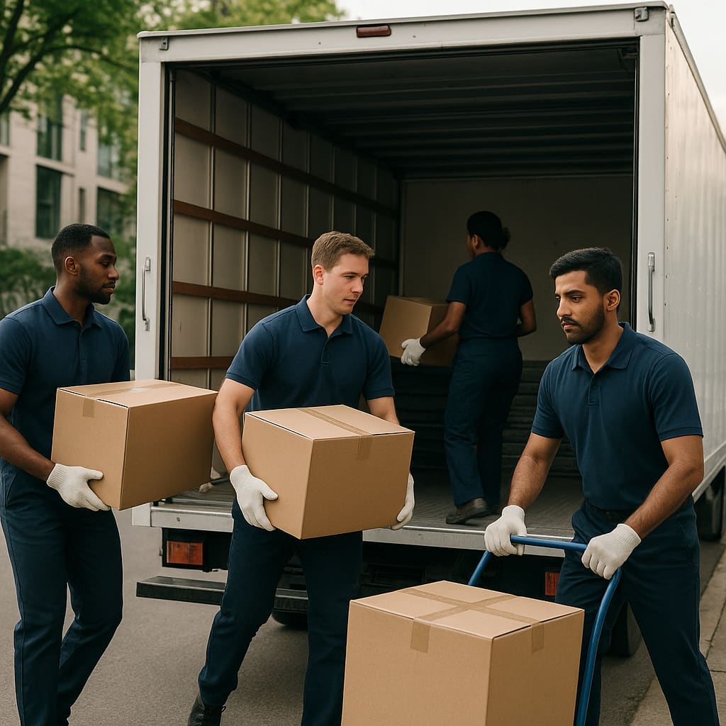 Umzugsteam trägt Kartons zum Transportfahrzeug